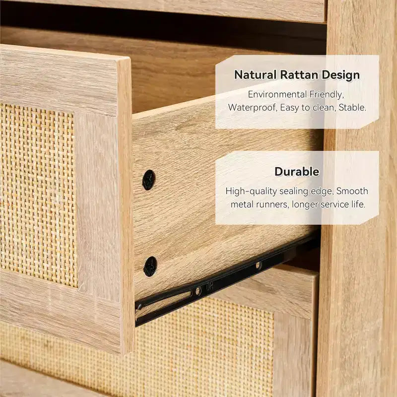 Comodino a 5 cassetti in rattan con gambe, colore nero e rovere / rovere – Utente singolo