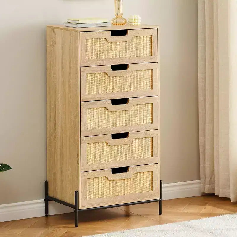 Comodino a 5 cassetti in rattan con gambe, colore nero e rovere / rovere – Utente singolo