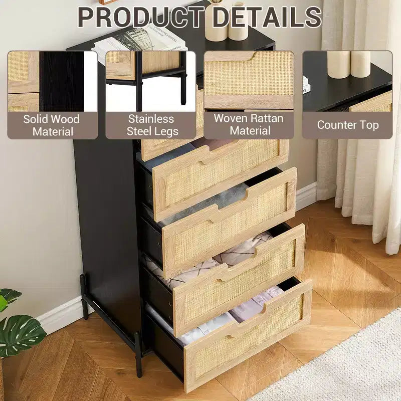 Comodino a 5 cassetti in rattan con gambe, colore nero e rovere / rovere – Utente singolo