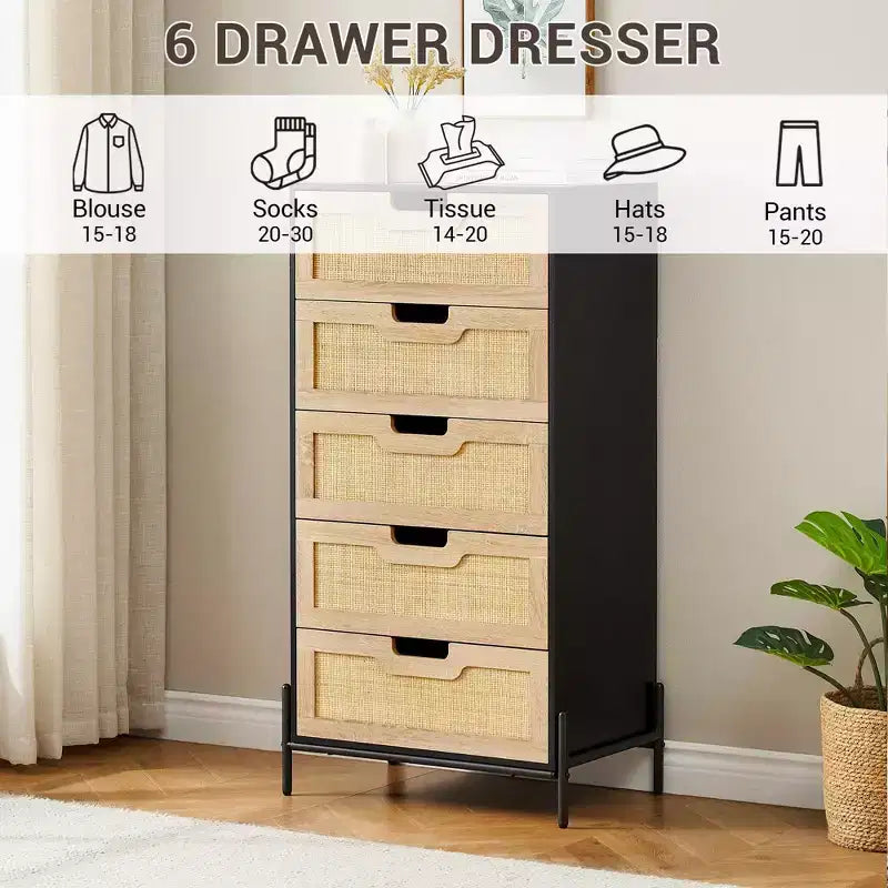 Comodino a 5 cassetti in rattan con gambe, colore nero e rovere / rovere – Utente singolo