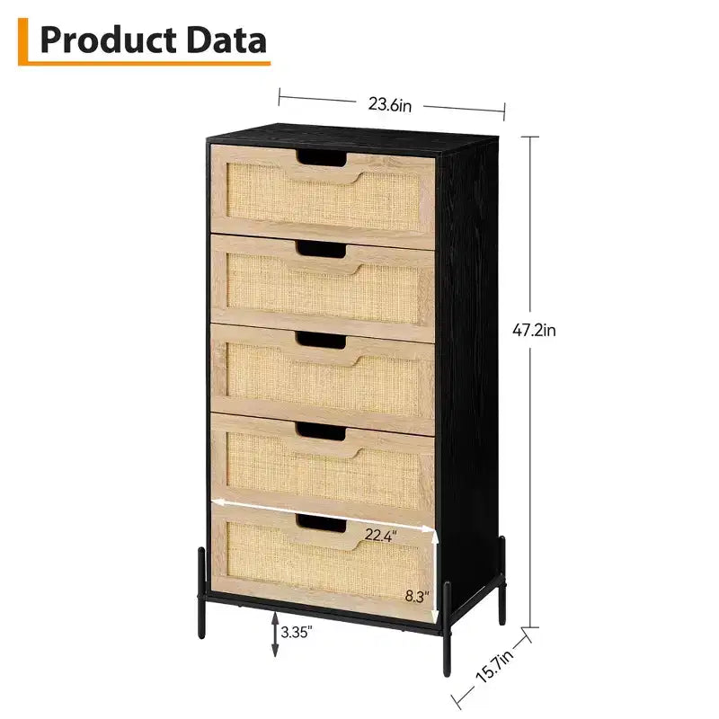Comodino a 5 cassetti in rattan con gambe, colore nero e rovere / rovere – Utente singolo
