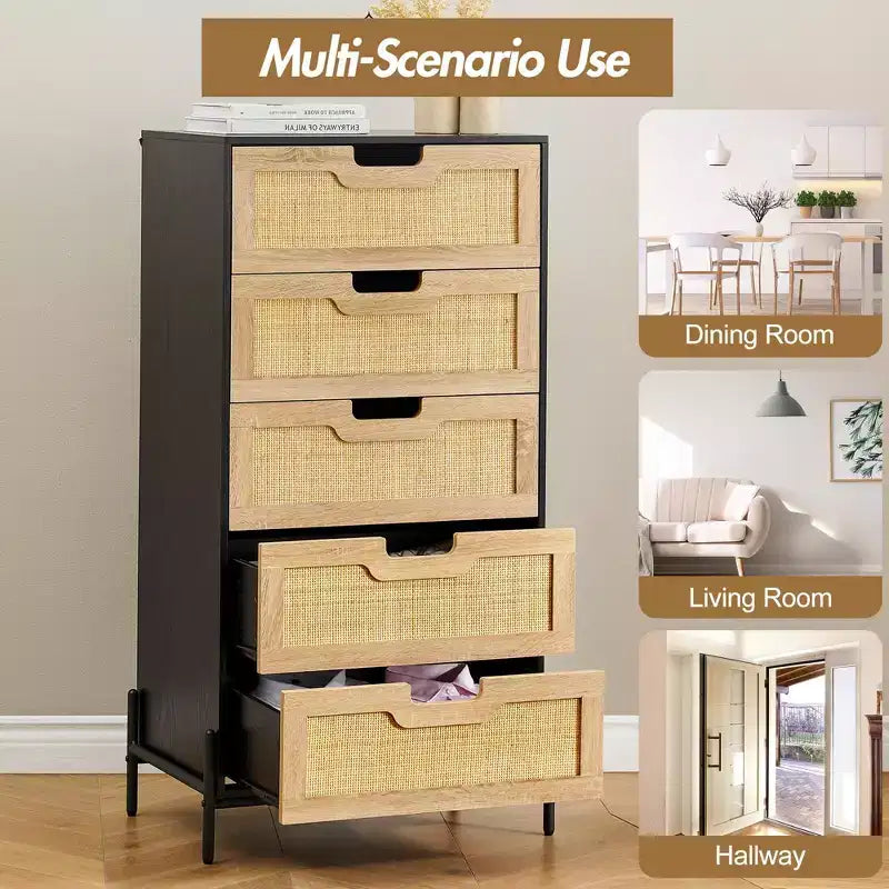 Comodino a 5 cassetti in rattan con gambe, colore nero e rovere / rovere – Utente singolo
