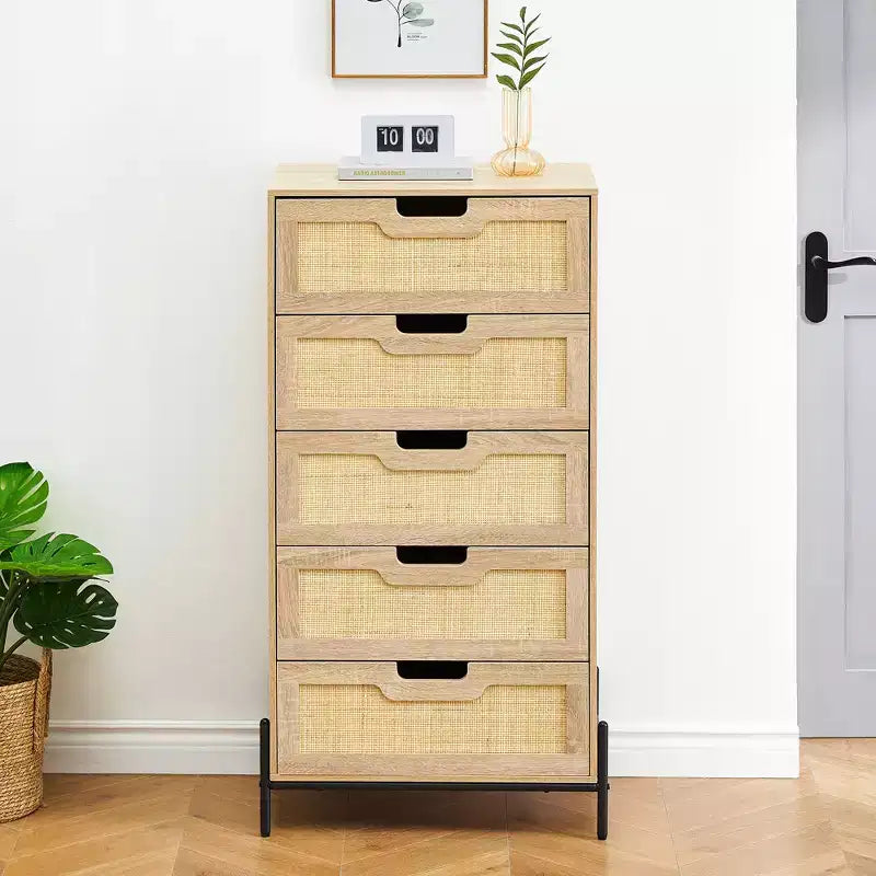 Comodino a 5 cassetti in rattan con gambe, colore nero e rovere / rovere – Utente singolo