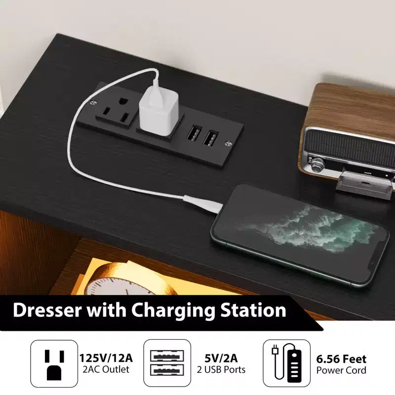 Cassettiera a 6 cassetti bianca e nera con luce LED e stazione di ricarica, per 1 persona