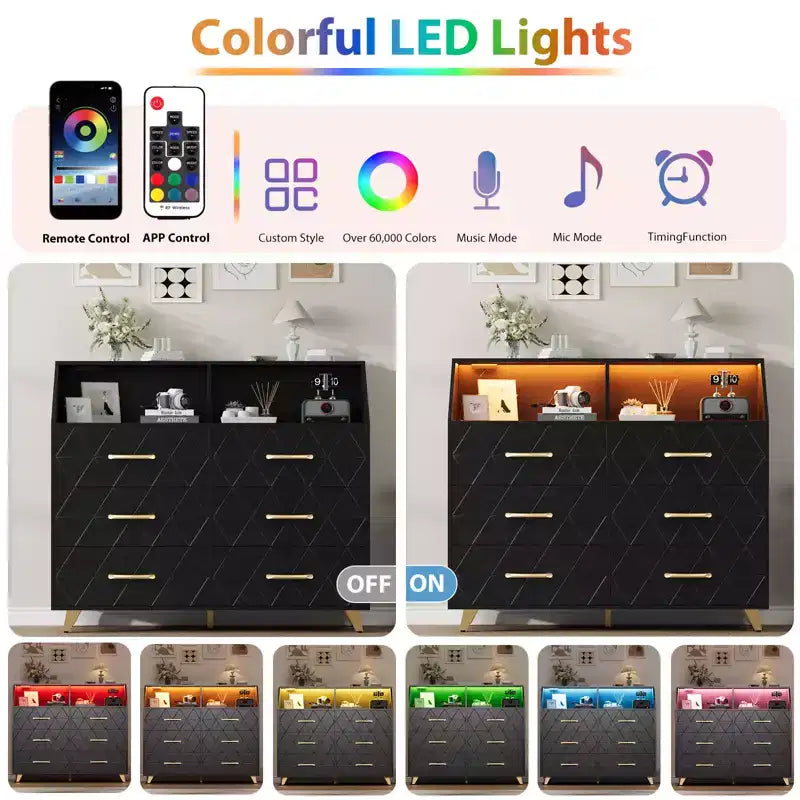 Cassettiera a 6 cassetti bianca e nera con luce LED e stazione di ricarica, per 1 persona