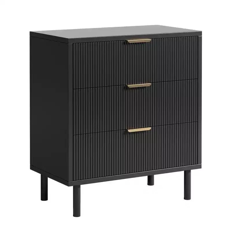 GustoWave 27.6 Wide Black Fluted 3 Drawers Dresser,Wood Storage Dresser Chest of Drawers Organizer with Metal Legs and Anti-Tipping Device