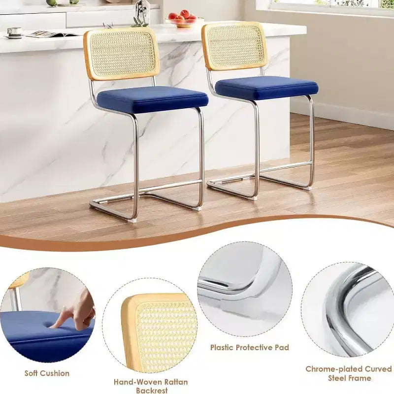 Sgabelli da bar imbottiti in velluto blu / grigio scuro / grigio / bianco con schienale in rattan, senza braccioli, set da 2