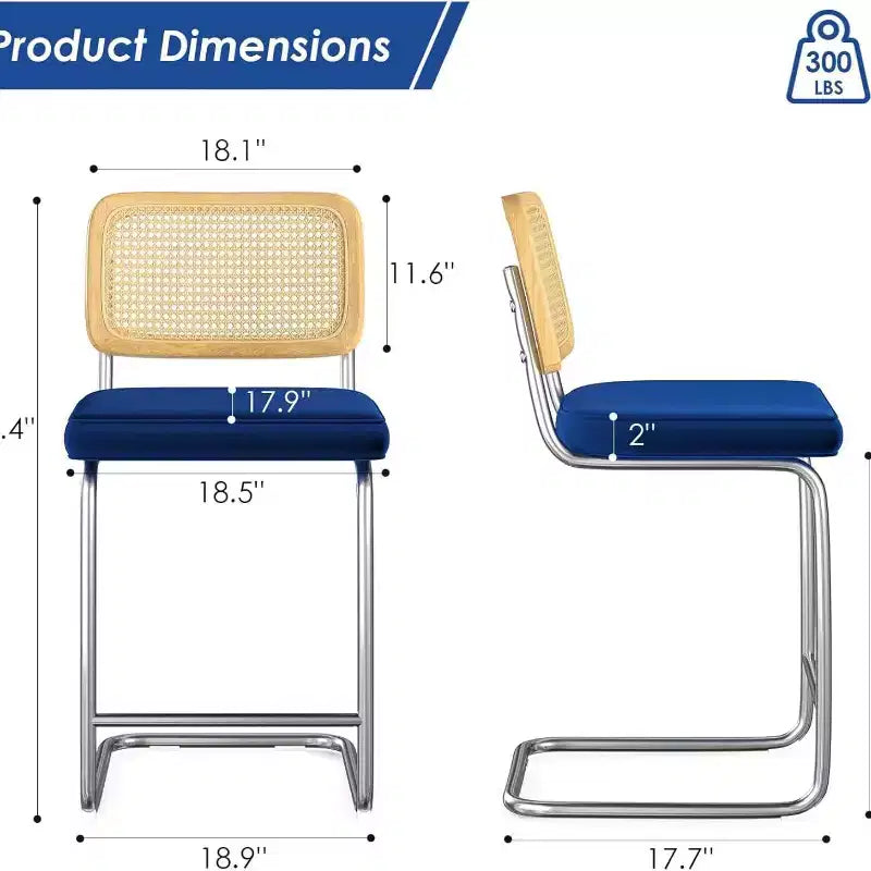 Sgabelli da bar imbottiti in velluto blu / grigio scuro / grigio / bianco con schienale in rattan, senza braccioli, set da 2