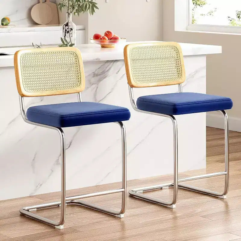Royal Blue Counter Height Bar Stools Set of 2 Upholstered Velvet Barstools with Rattan Back 24 inch Stools Armless Bar Chairs for Kitchen Island
