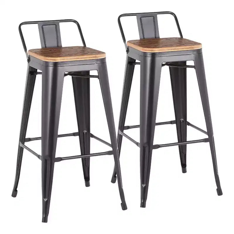 Set of 2 Oregon Industrial Low Back Barstools Black/Bamboo - LumiSource