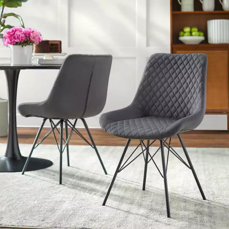 Sedia da pranzo trapuntata in velluto grigio, set da 2