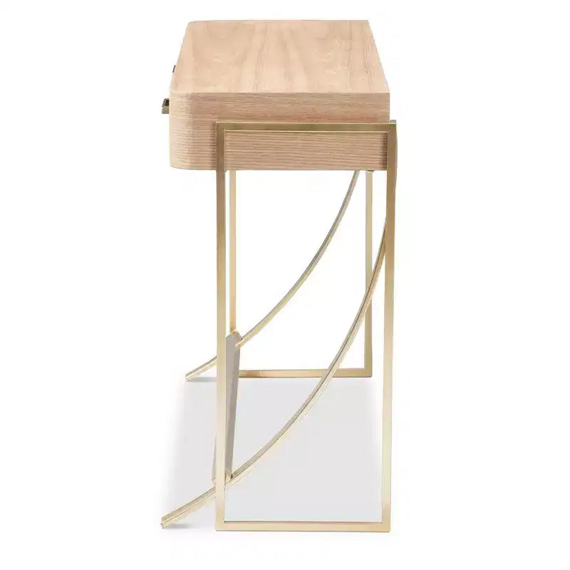 Tavolino consolle marrone a 2 cassetti con struttura dorata