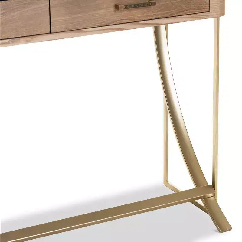 Tavolino consolle marrone a 2 cassetti con struttura dorata
