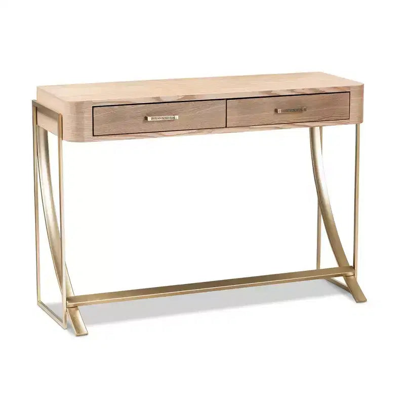 Tavolino consolle marrone a 2 cassetti con struttura dorata