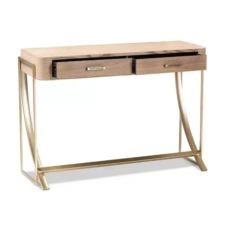 Tavolino consolle marrone a 2 cassetti con struttura dorata