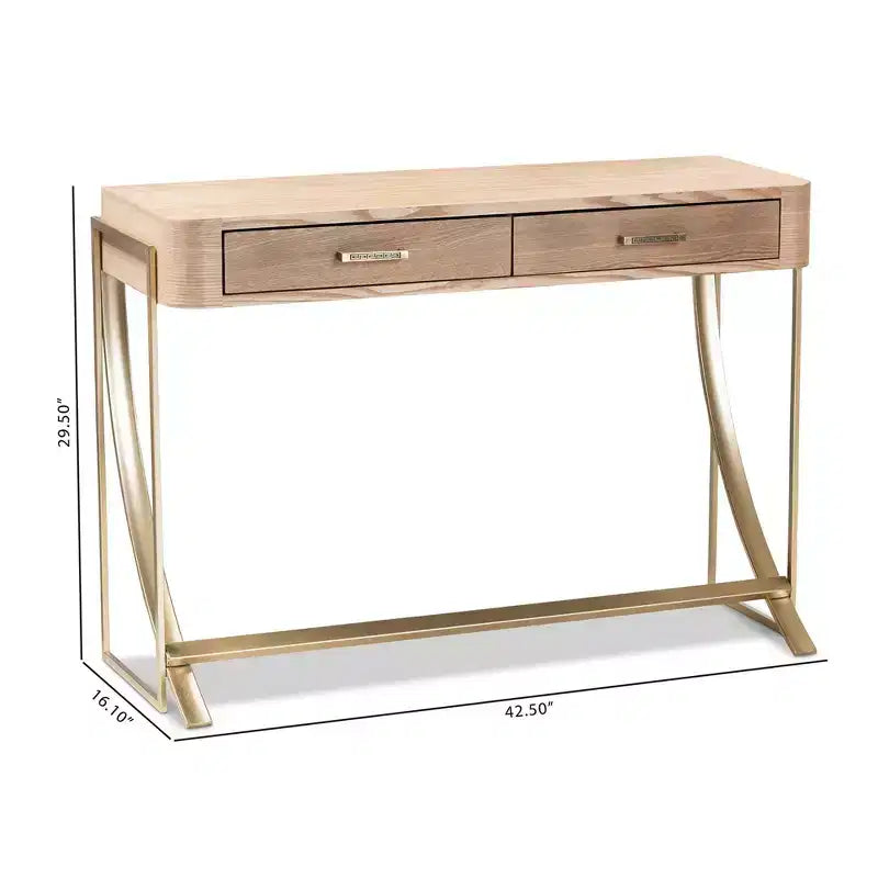 Tavolino consolle marrone a 2 cassetti con struttura dorata