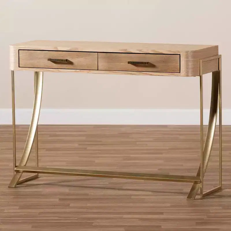 Tavolino consolle marrone a 2 cassetti con struttura dorata