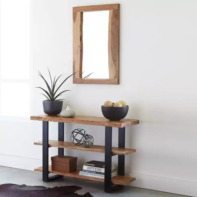 Consolle rettangolare in acacia con bordo naturale, colore marrone e nero, per 1 persona