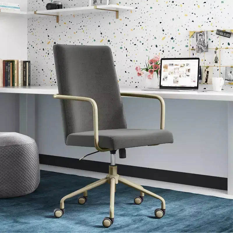 Sedia da scrivania Mid-Century in velluto grigio/blu con finiture dorate, sedile singolo