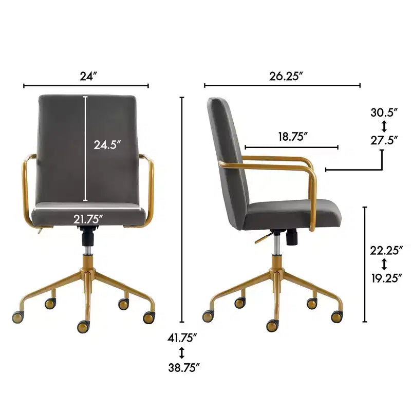 Sedia da scrivania Mid-Century in velluto grigio/blu con finiture dorate, sedile singolo
