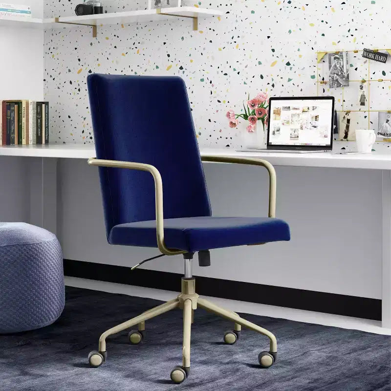 Sedia da scrivania Mid-Century in velluto grigio/blu con finiture dorate, sedile singolo