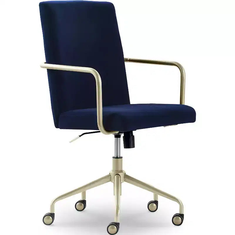 Sedia da scrivania Mid-Century in velluto grigio/blu con finiture dorate, sedile singolo