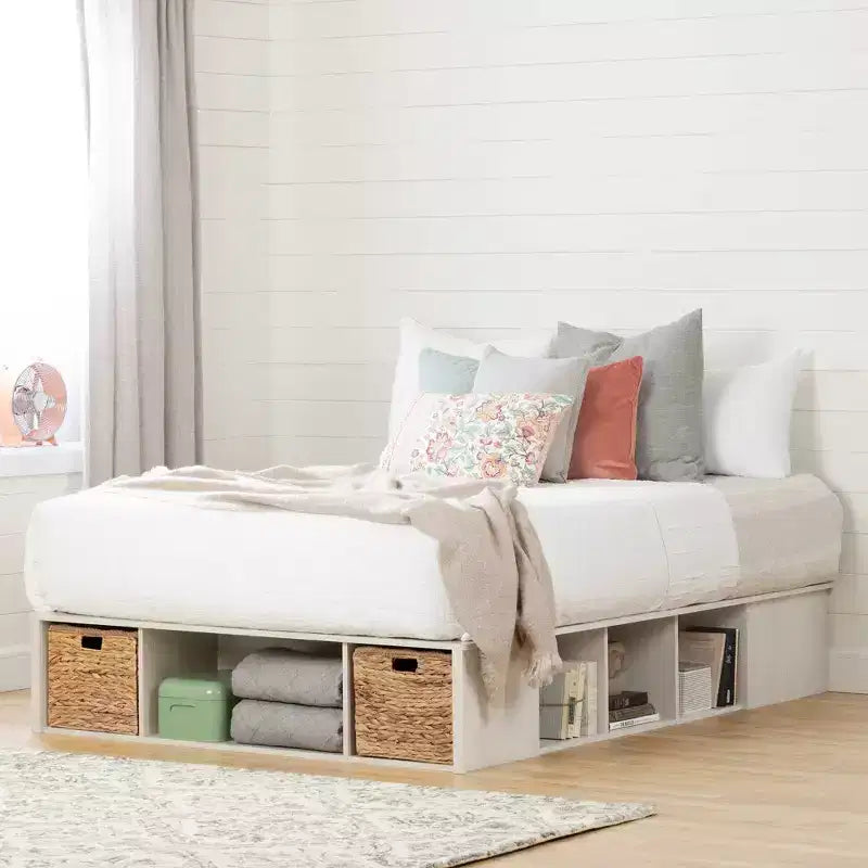 Letto contenitore a piattaforma in quercia invernale e rattan con cesti – Matrimoniale / Queen