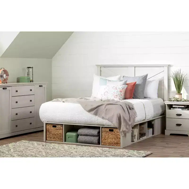 Letto contenitore a piattaforma in quercia invernale e rattan con cesti – Matrimoniale / Queen