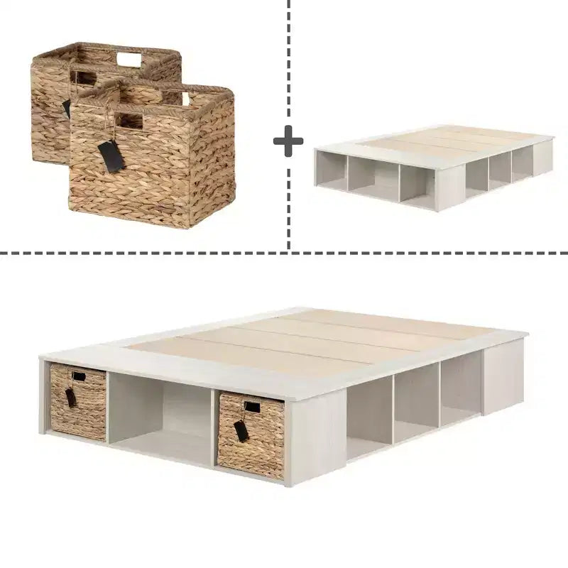 Letto contenitore a piattaforma in quercia invernale e rattan con cesti – Matrimoniale / Queen