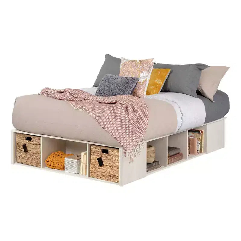 Letto contenitore a piattaforma in quercia invernale e rattan con cesti – Matrimoniale / Queen
